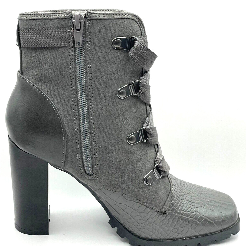 Just Fab Women's Ankle Block Boots Size 8 Gray Zip Side Lace Up Faux Leather - Picture 8 of 14